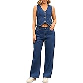 CIMUK Women's Denim Set 2 Piece Outfits V Neck Sleeveless Matching Sets Wide Leg Jeans Waistcoat Jean Vest