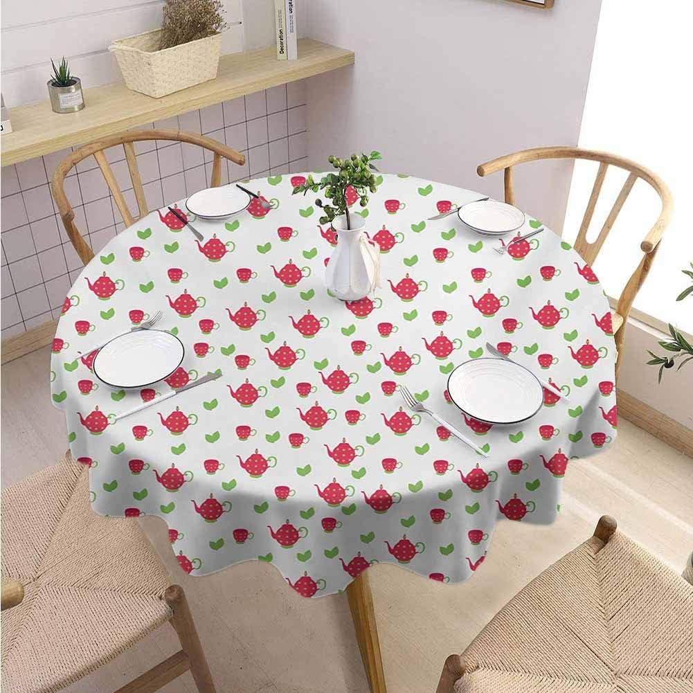 DILITECK Tea Party Covering Round Tablecloth Teapots with Polka Dots and Leaves Tea Time Image Beverage British Design Party Diameter 70" Dark Coral Green