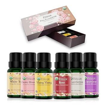 ESSLUX Floral Essential Oils Set, 100% Pure Aromatherapy Oil Gift Set for Diffuser & Massage, Rose, Ylang Ylang, Jasmine, Gardenia, Cherry Blossom, White Tea Oil, 6x10ml (Multicolor)