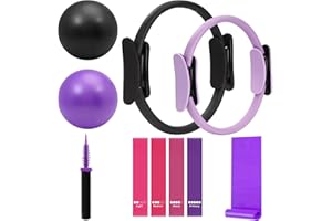 WOCUME Pilates Ring Fitness Circles Set, Dual Padded Handles Home Pilates Equipment Set for Women Includes 2 Pilates Ring, 2 Pilates Mini Ball, and 5 Resistance Bands at Home Pilates Workout Set