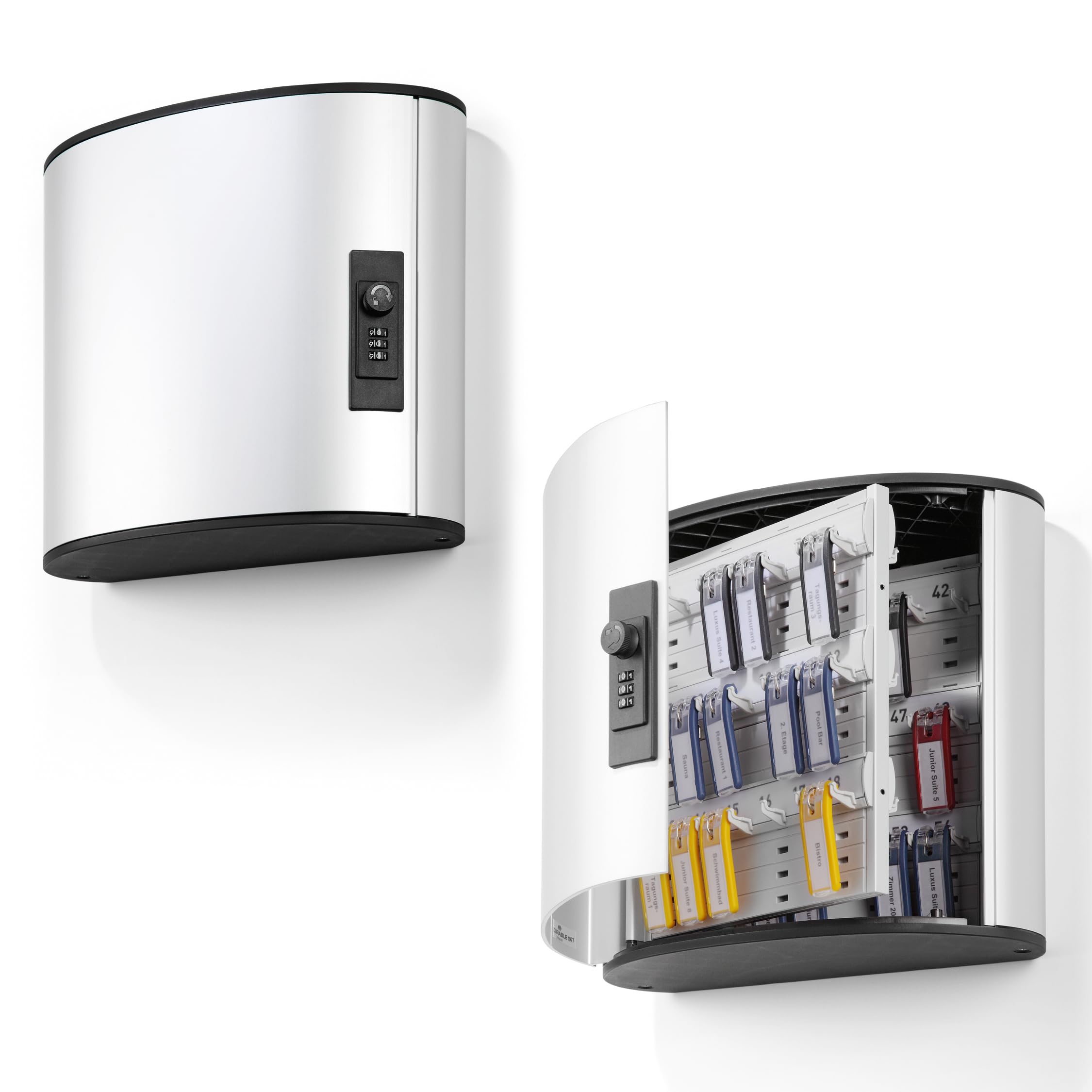 Durable Key Safe Box 54 - Wall Mounted Key Holder Cabinet with combination lock for up to 54 Key Clip Keys - Securely lock keys away - Aluminium Keysafe including 6 Key Clip Tags, Silver