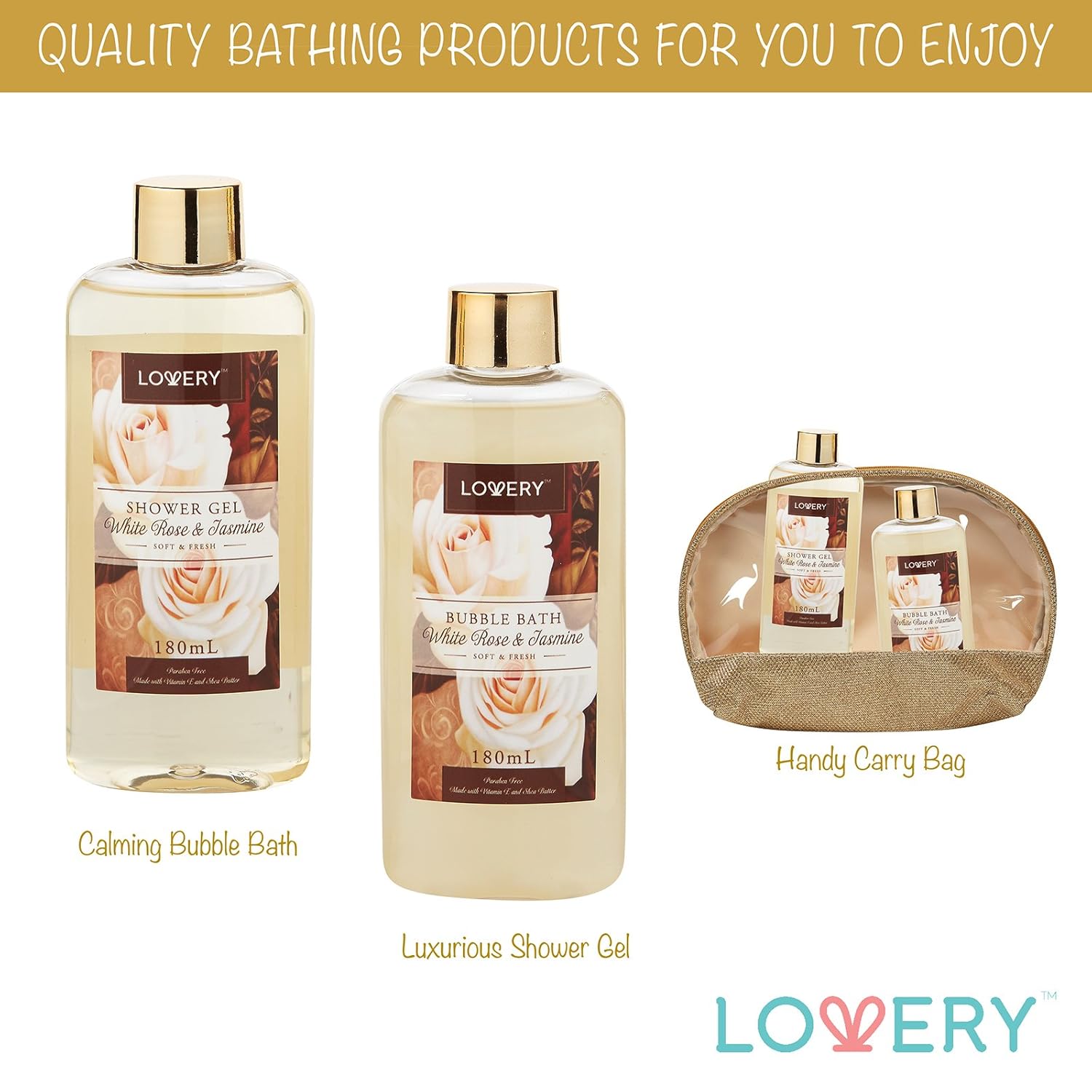 Home Spa Gift Basket, Luxury 13 Piece Bath & Body Set For Men & Women, White Rose & Jasmine Fragrance with Shower Gel, Bubble Bath, Body Scrub, Bath Salts, 6 Bath Bombs, Pouf, Cosmetic Bag & Gold Tub : Beauty