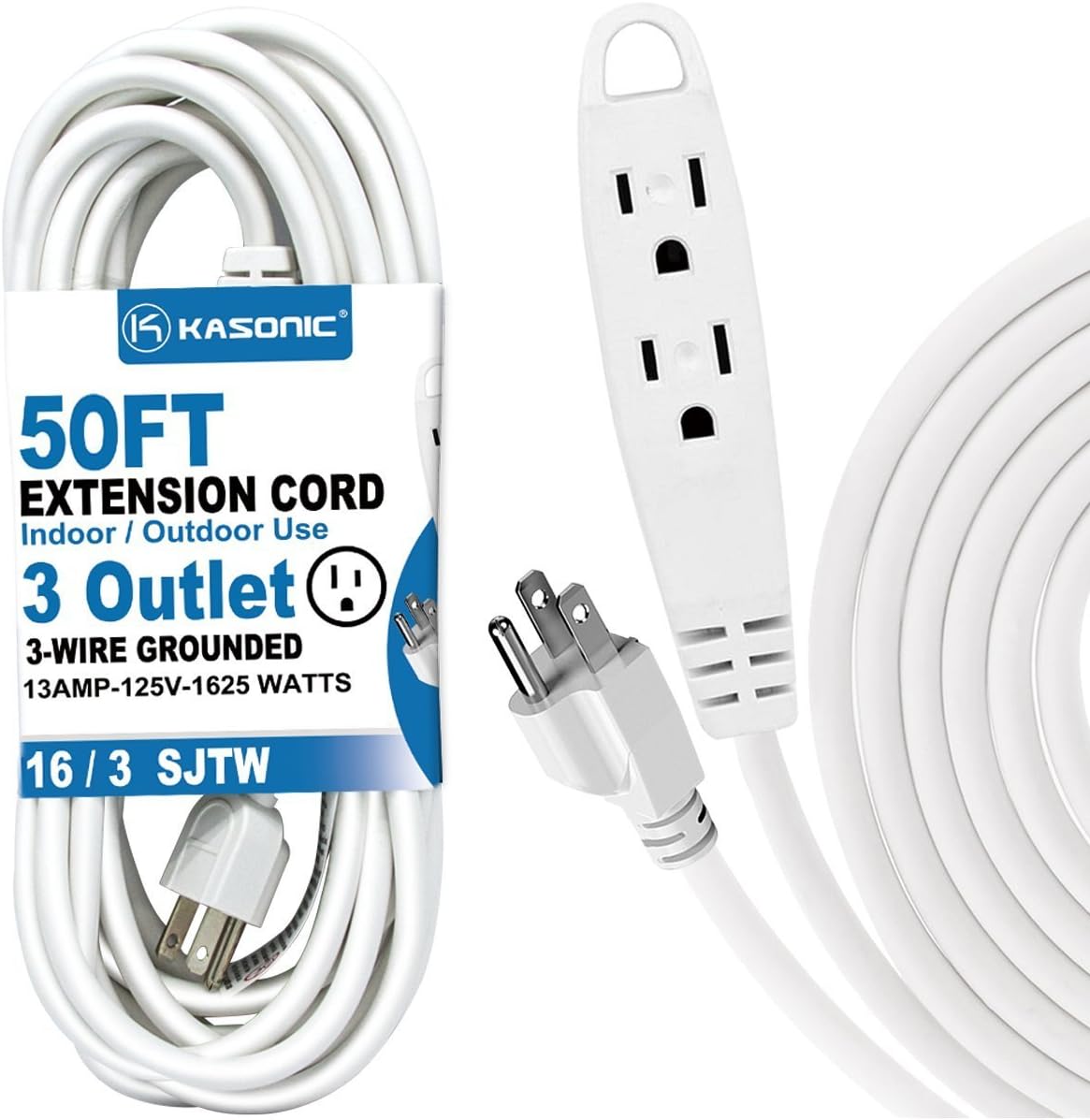 50Feet 3 Outlet Extension Cord, Kasonic UL Listed, 16/3 SJTW 3Wire