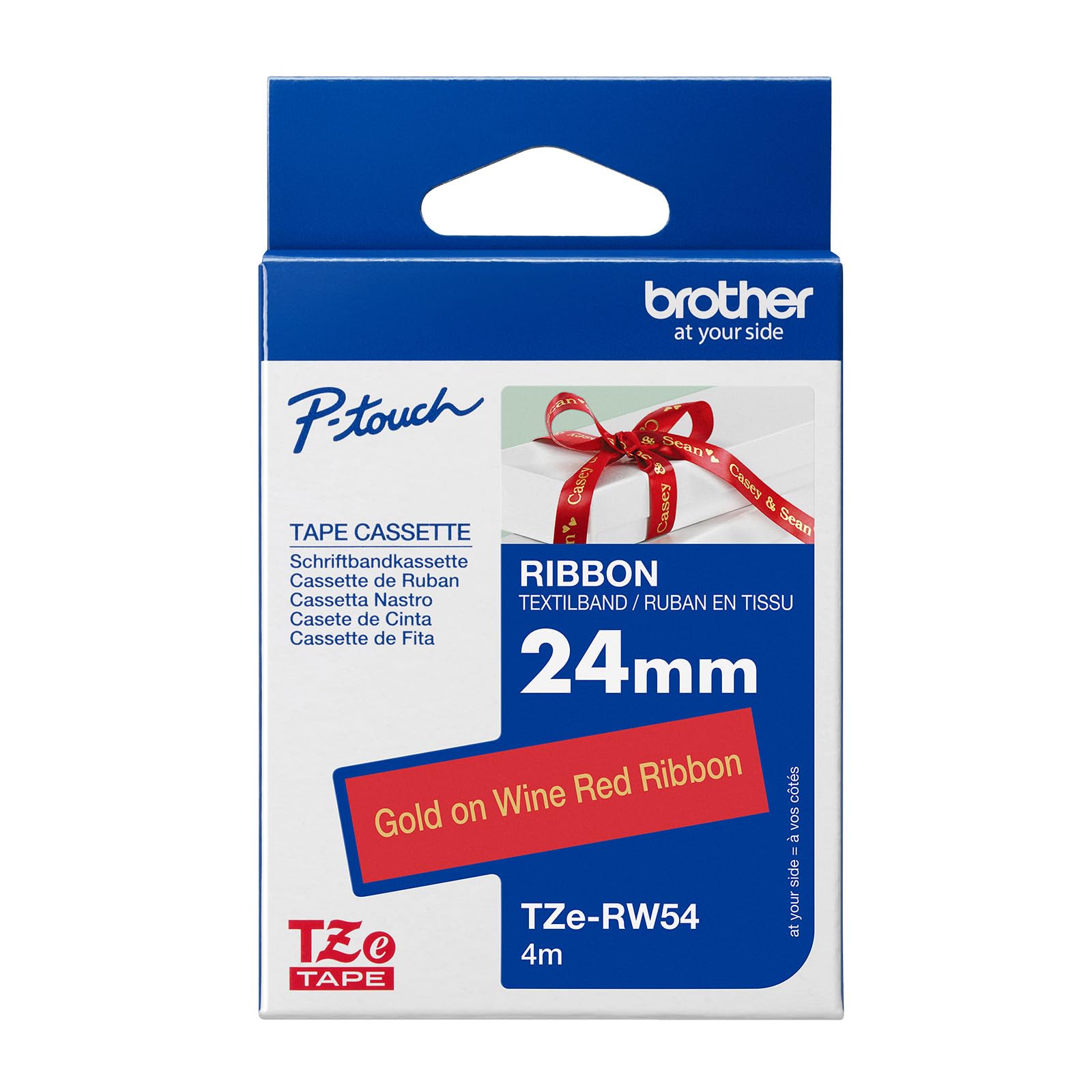 Original Brother Textiles Label Tape TZe-RW54 Gold on Wine red, 24 mm Wide, 4 m Long (for Brother P-Touch H200, H100LB/R, H105, E100/VP, D200/BW/VP, D210/VP, Cube, Cube Plus)