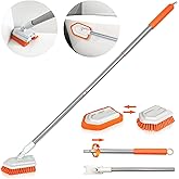 JEHONN Shower Scrubber 2-in-1 Tub and Tile Cleaning Brush with Long Handle, Detachable Stiff Bristle Scrub Brush and Sponge H
