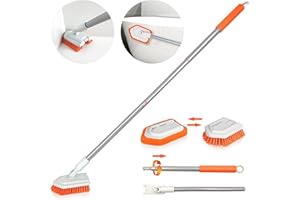 JEHONN Shower Scrubber 2-in-1 Tub and Tile Cleaning Brush with Long Handle, Detachable Stiff Bristle Scrub Brush and Sponge H