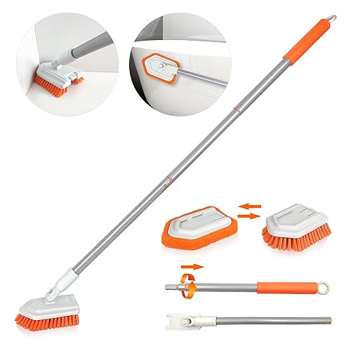 JEHONN Bathroom Cleaning Brush, Scrubbing Brush with Telescopic Handle, Tub Tile Shower Scrubber, Detachable Stiff Bristle Cleaner Brush and Sponge Head for Bathtub Floor Wall Glass Sink