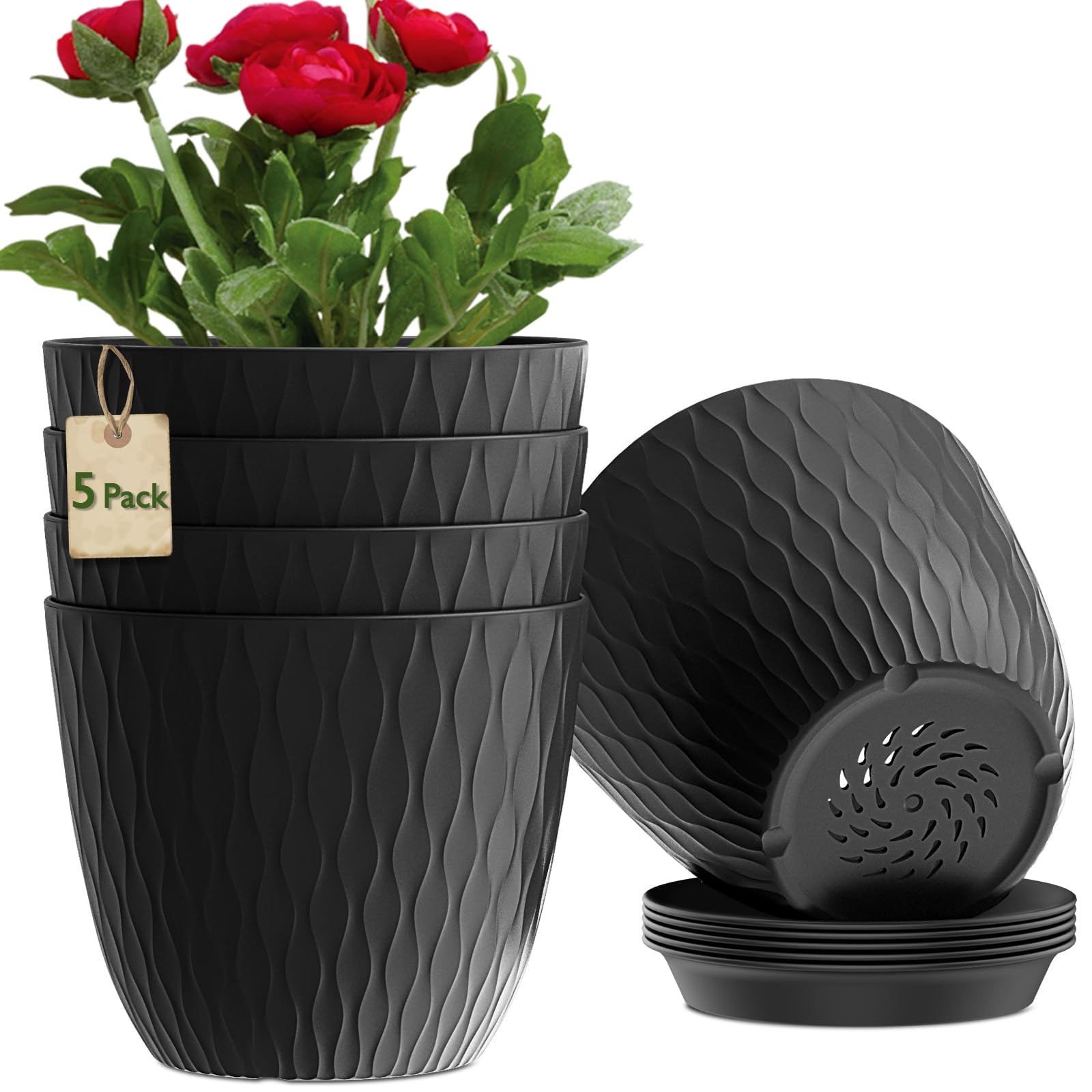 MUAEEOK 18CM 5 Pack Plant Pots Indoor Stripe Grooves Plastic Flower Pots with Drainage Holes and Tray, Modern Decorative Planter Pot for All House Plants (Black, 18CM)