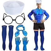 Yewong 5 Pieces Halloween Merman Costume Set White Sailor Cap Blue Neck Scarf Gloves Socks and Costume Glasses for Underwater Superhero Role Play