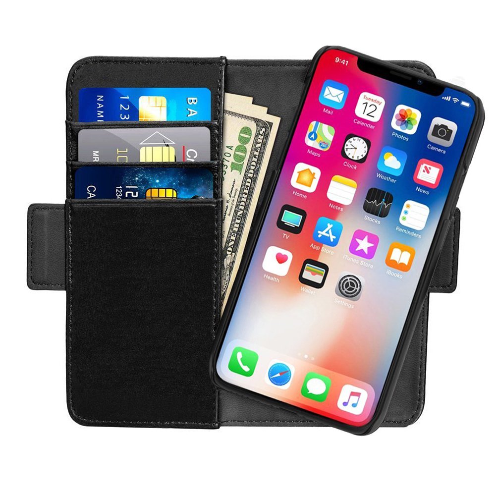 iPhone X Leather Wallet Case, ALBK Powerful Magnetic Detachable Case, Luxury Handmade Full Grain Leather Folding Flip Case with ID&Card Holder Slot for iPhone X 5.8 inch -Black