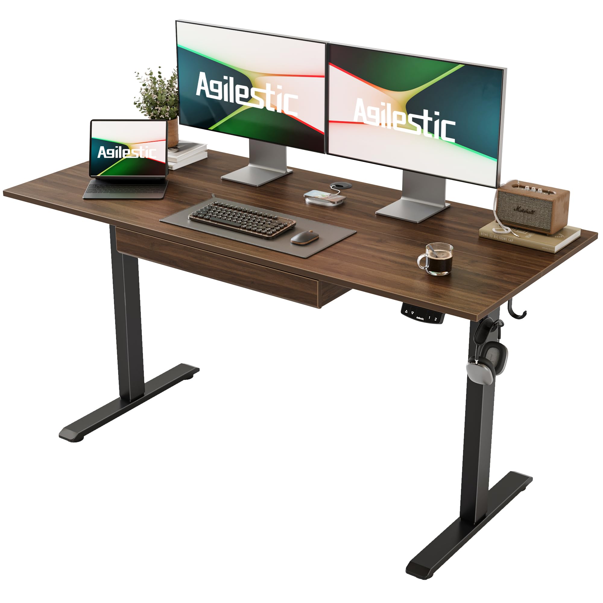 Photo 1 of Agilestic Adjustable Height Electric Standing Desk with Storage Wooden Drawer, 55 x 24 Inches Stand Up Home Office Computer Gaming Table with Splice Board for Work Office Home, Dark Walnut