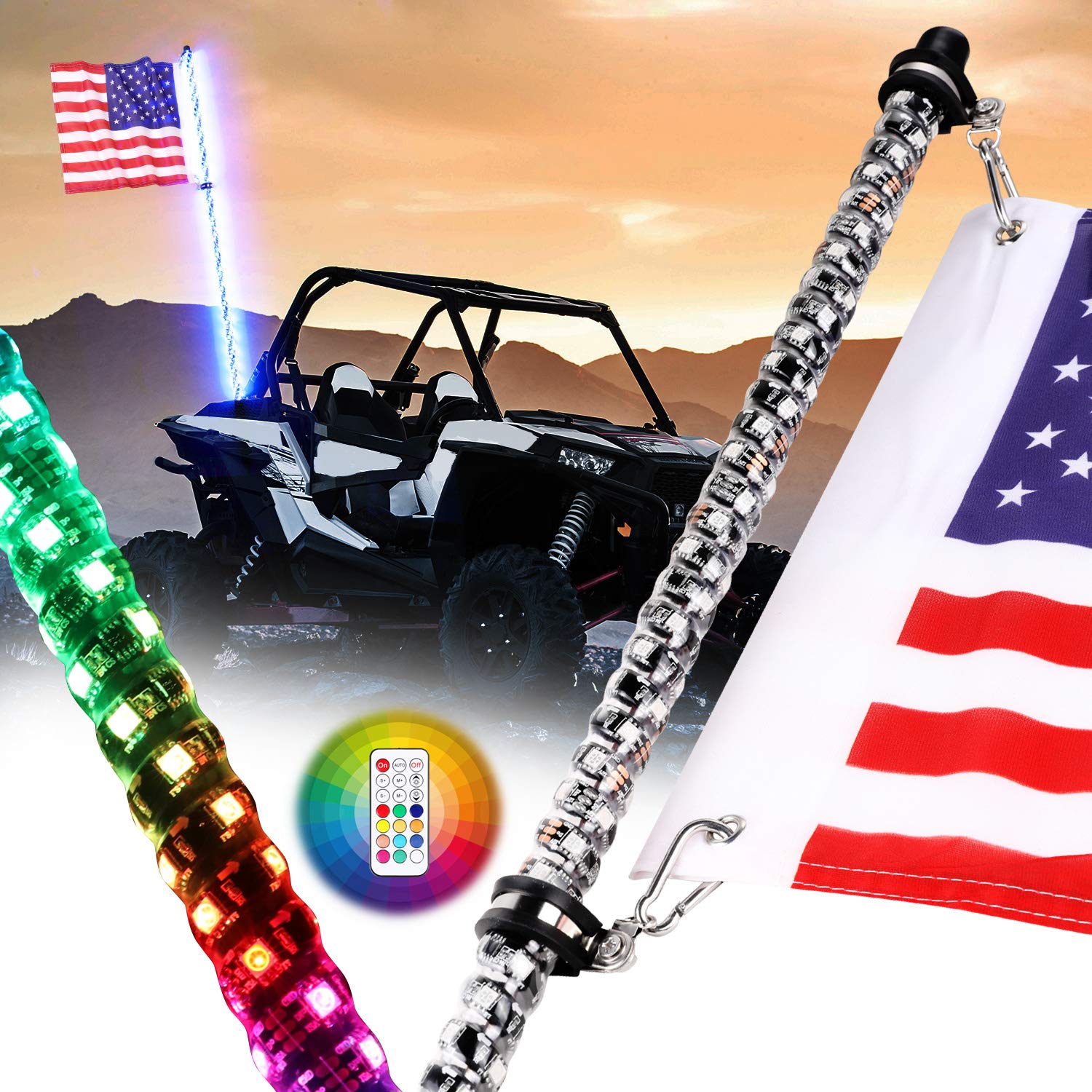 3FT Spiral LED Whip Light Antenna With Remote - RGB Flag Pole For ATV, UTV, RZR, Polaris & Jeeps