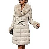 Bellivera Women's Winter Puffer Jacket Cold-Resistant Patchwork Plush Lining Coat with Removable Fur Collar Hooded and Belted