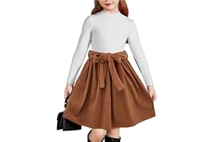 Arshiner Girls Dresses Long Sleeve Rib Knit Plaid Patchwork Belted Dress with Pockets