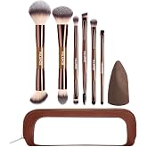 MAANGE 6Pcs Double Ended Makeup Brush Set with Makeup Sponge &amp; Travel Bag | Soft Synthetic Face Eye Brushes, Portable Makeup Tools for Foundation Concealer Blush Eyebrow Blending(Coffee)