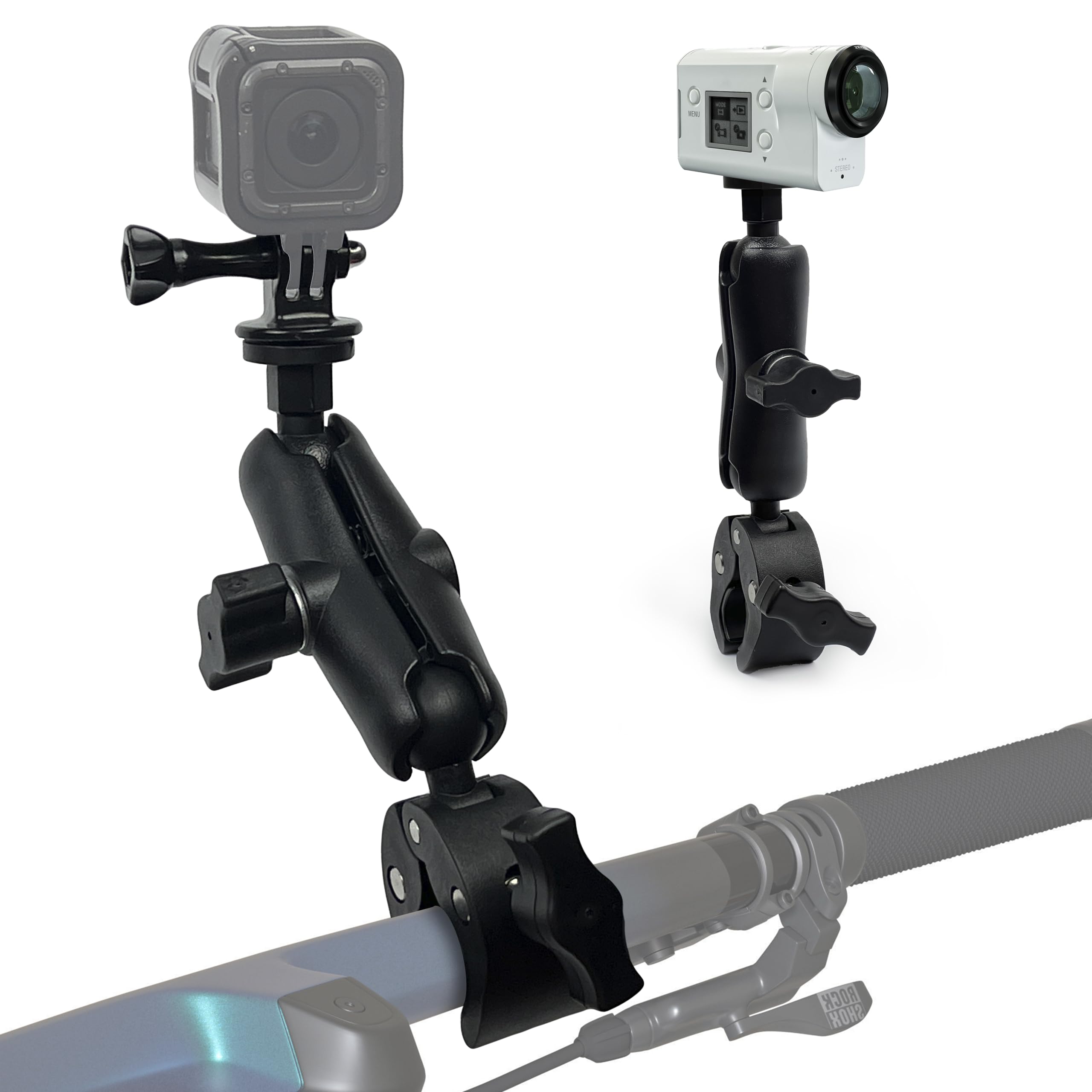 MyGadget Motorcycle & Bike Handlebar Metal Mount for GoPro - with 2x 360° Ball Heads - Including J-Hook Screw & 1/4 Screw - Black