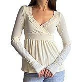 Women Long Sleeve Lace Trim Shirt Cute Wrap V Neck Slim Fit Solid Color Babydoll Top Y2k Fairy Grunge Top Streetwear