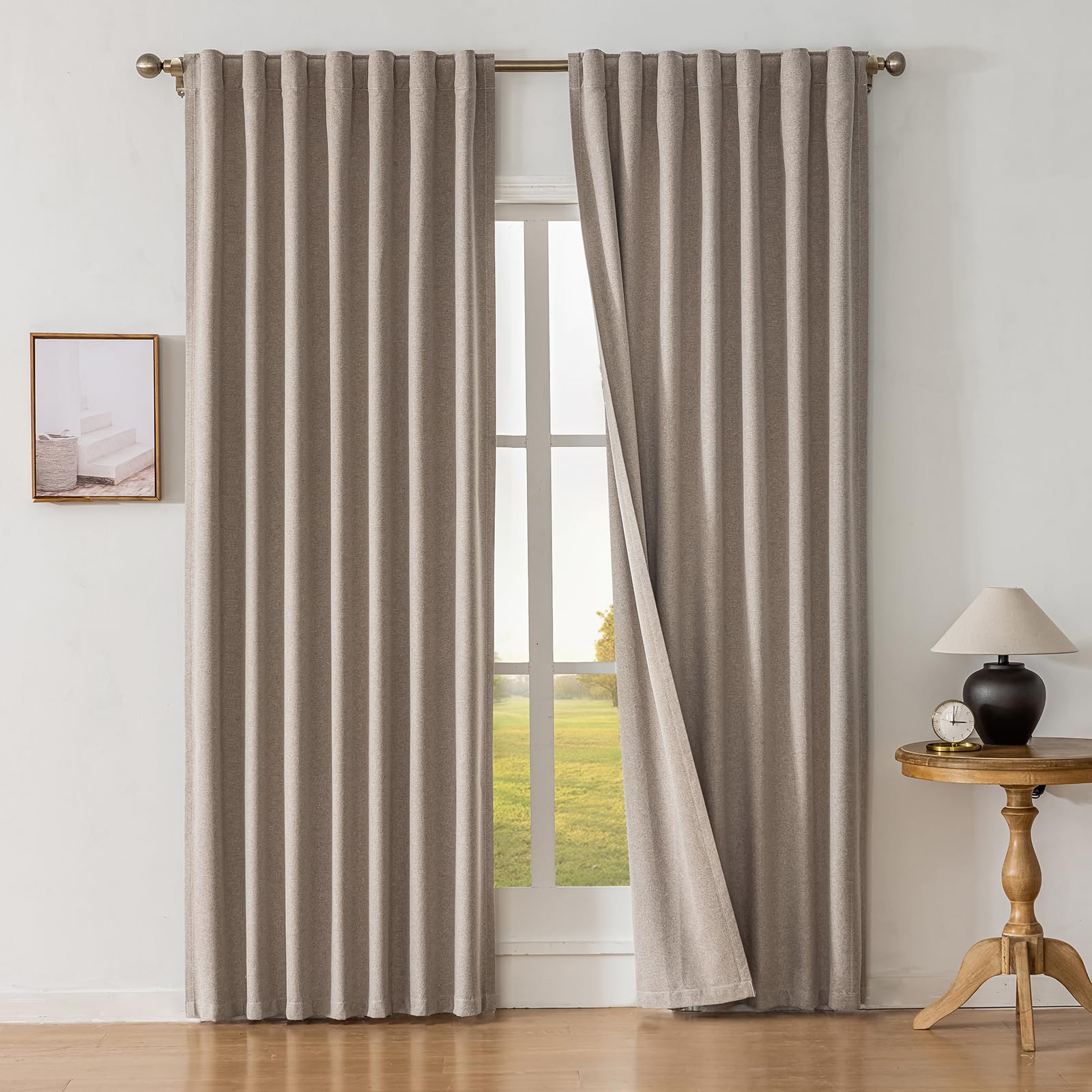 Photo 1 of 100% Blackout Curtains for Bedroom Living Room, Double Sided Thick Linen Pinch Pleated Curtains 84 Inch Long, Thermal Insulated Boho Drapes, Rod Pocket & Back Tabs, 2 Panels Darkening Privacy