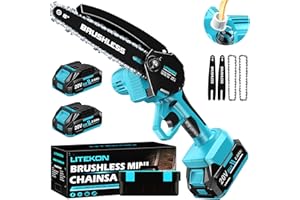 LITEKON 6 Inch Mini Chainsaw, 1000W Brushless Super Power Wood Cutting Saw for Garden Tress, Cordless Chain Saw with 2x2000mAh Lithium-Ion Battery and Quick Charger (MakitaBlue)