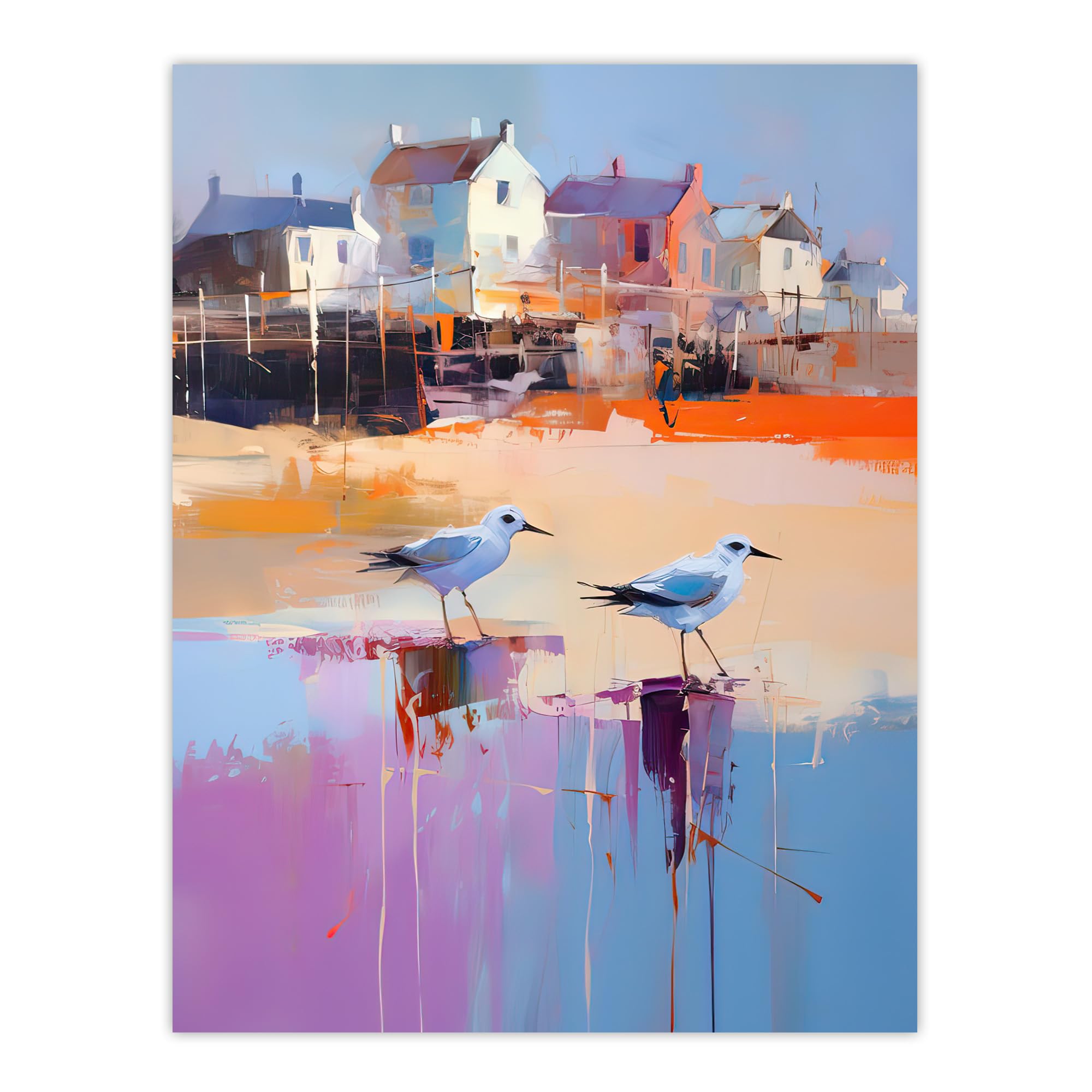 Artery8 Seagulls on Beach Sand Oil Painting Blue Orange Purple Coastal Village Landscape Extra Large XL Wall Art Poster Print