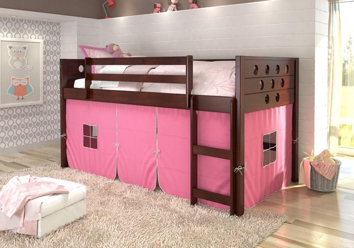 Play Tent for Low Loft Beds in Pink & Free Storage Pockets
