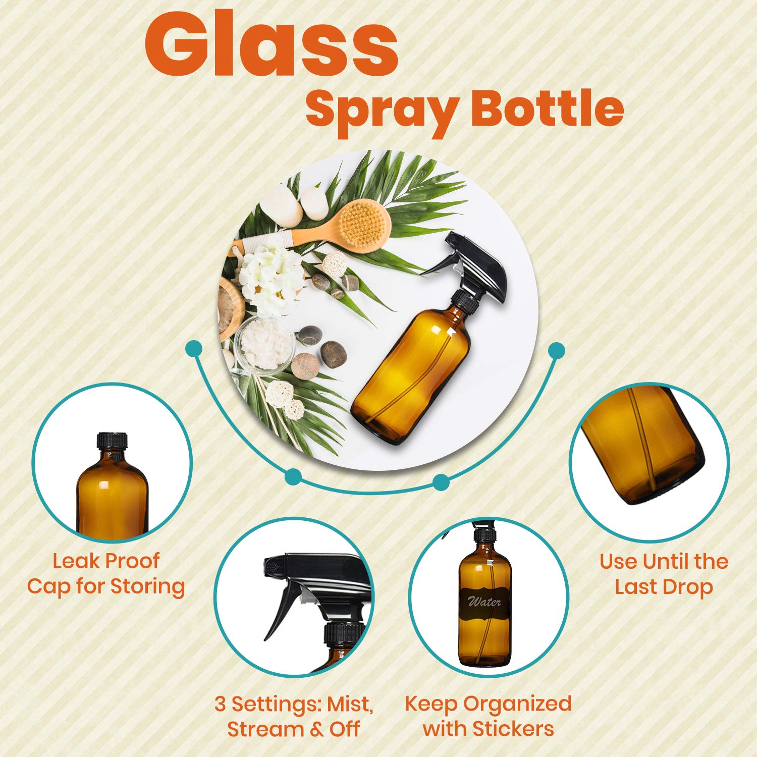 Homeries Empty Amber Glass Spray Bottles 16 oz, Refillable Sprayer for Essential Oil, Cleaning, Water, Kitchen, Hair. Environment Friendly Mist Sprayer (4 Pack) : Beauty