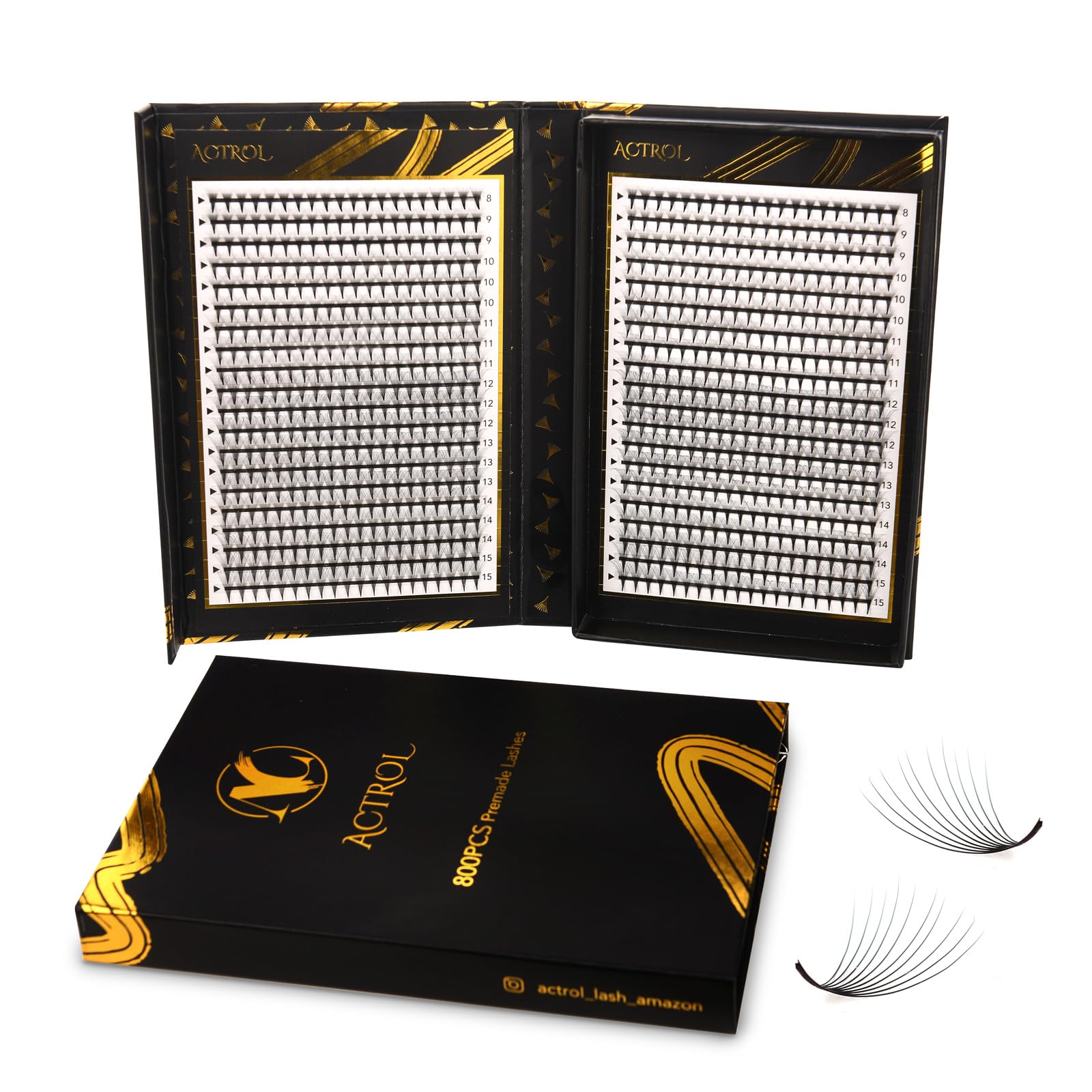 ACTROL Pre Made Fan Eyelash Extensions 10D 0.07mm C Curl 800 PCS 8-15 Mix Double Lashes Tray Narrow Russian Lashes Fan Handmade Hardcover For Lash Artists and Individuals