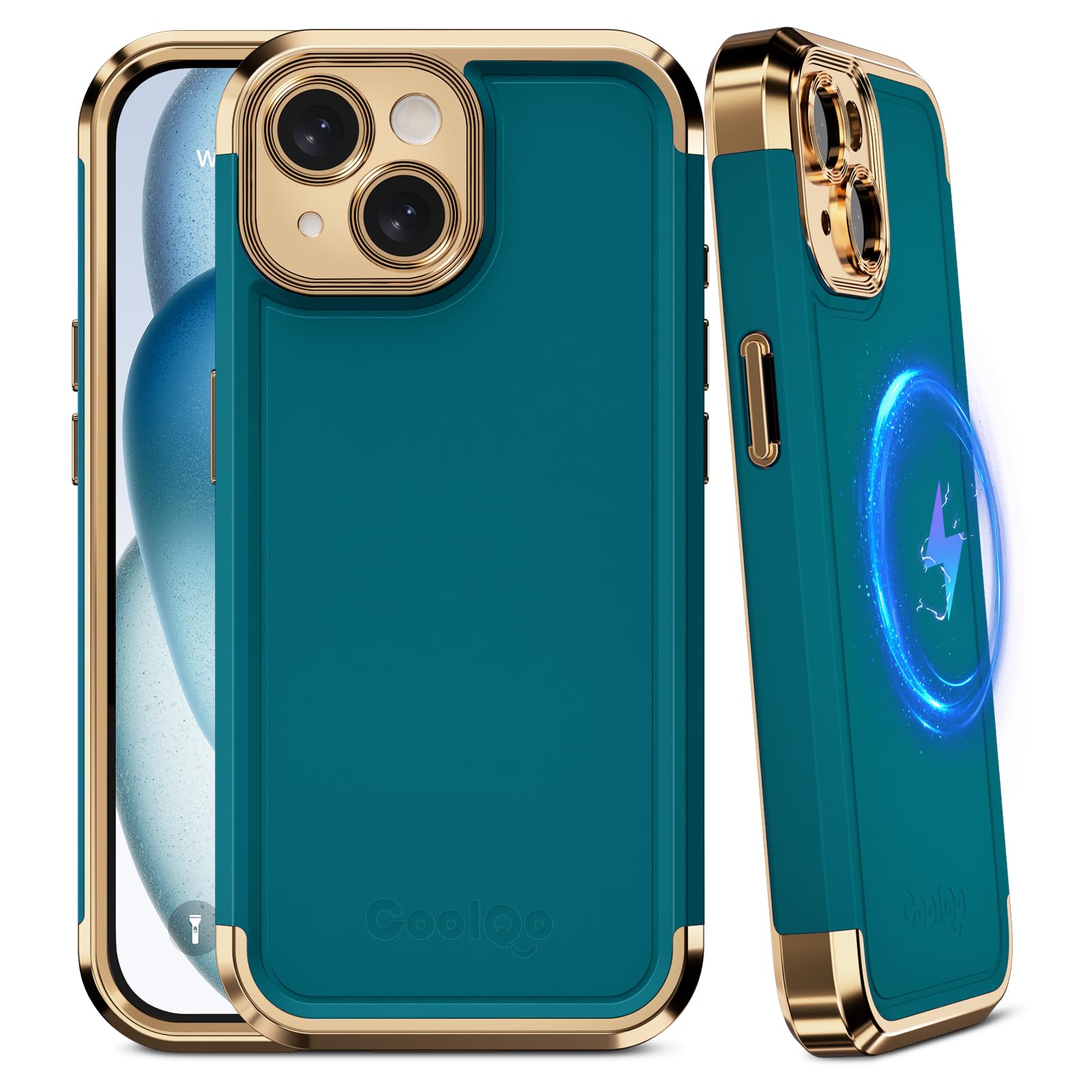 Photo 1 of COOLQO Magnetic for iPhone 15 Case [Military Protection] Full-Body Soft Gild TPU Shockproof Rugged Matte Back Protective Bumper Phone Cover for iPhone 15 6.1", Green Gold