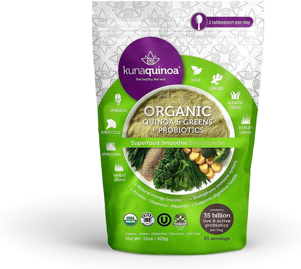 Kunaquinoa Organic Quinoa & Greens Probiotics Superfood Smoothie Powder