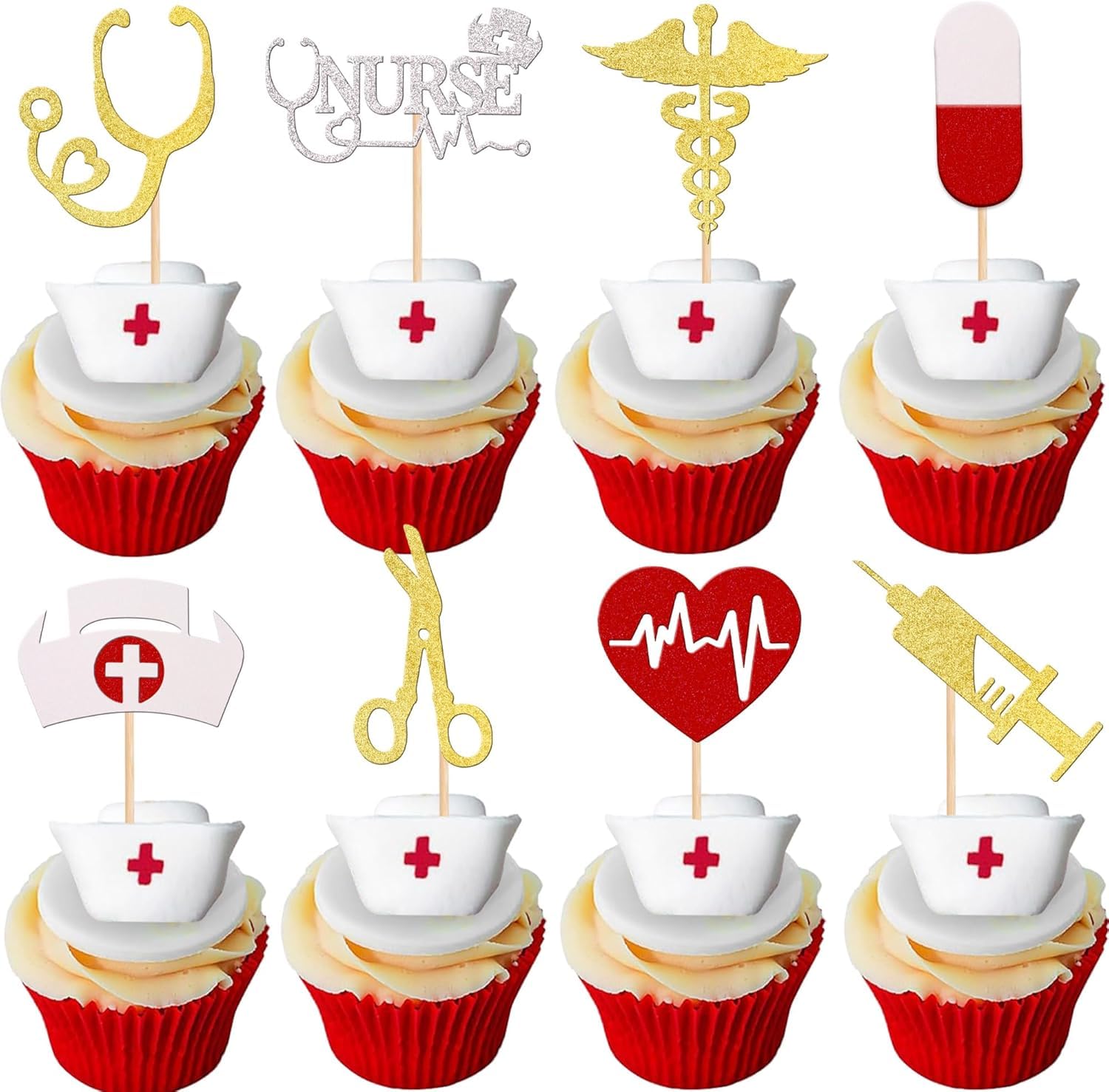 SYKYCTCY 32 PCS Nurse Cupcake Toppers Glitter Nursing School Graduation Cupcake Picks Medical Rn Nurse Grad Themed Birthday Baby Shower Party Cake Decorations Supplies