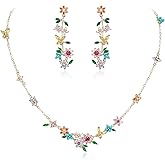 Flyonce Flower Statement Necklace for Women, Multicolor CZ Boho Blooming Floral Choker Collar Necklaces with Earrings Simple Dainty Jewelry for Summer Beach Holiday
