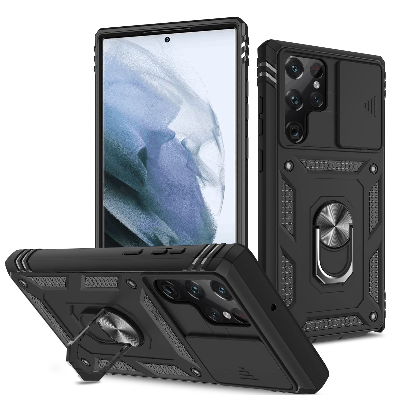 Photo 1 of CHLINGNAN Case for Samsung Galaxy S22 Ultra,Built-in Slide Camera Cover and 360°Kickstand Ring for Galaxy S22 Ultra Case Shockproof Anti-Scratch Military-Grade Drop Heavy Duty Protection Black
