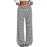 ZAFUL Women's Striped Pants Casual Fold Waist Wide Leg Pants Lightweight Comfy Stretchy Loose Lounge Pajama Pants