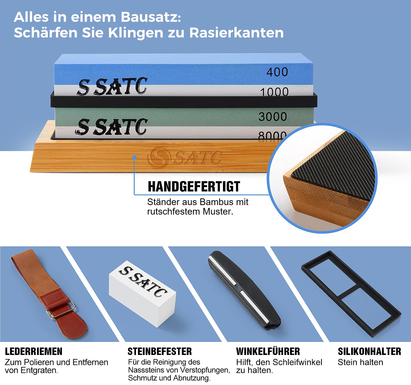 S SATC Premium Schleifstein Messer 400/1000/3000/8000 Körnung – Präzises Schärfen für Küchenmesser – Messerschleifstein Set 2