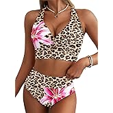 Herseas Women's 2 Piece Bikini Sets Twist Front Top Lily Print Swimsuits High Waisted Bathing Suit Beach Summer Swimwear