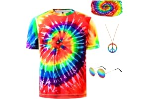 Inrajoper Boys 4 Pcs Hippie Costume Accessories Set 60s 70s Colorful Kids Fun Tie Dye T-Shirt for Theme Party