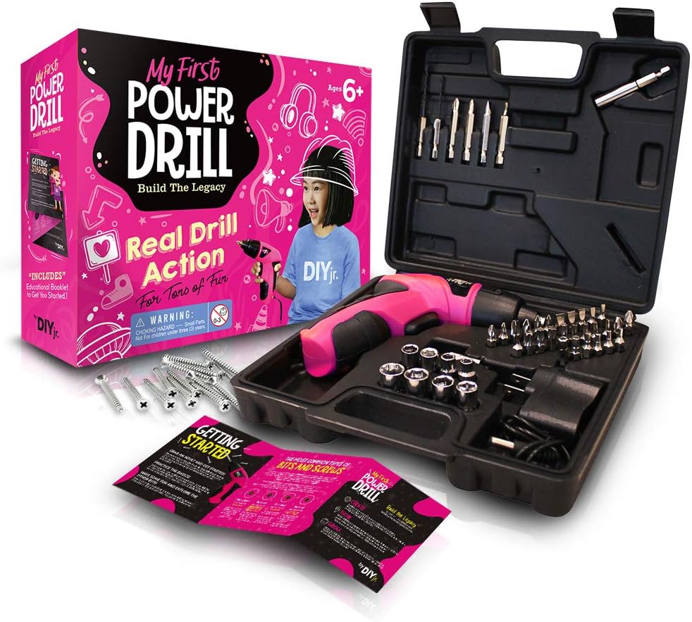 DIY jr. My First Power Drill - 60-Piece Working Tool Set for Girls - Rechargeable Cordless Pink Drill with LED Light - Learning, Building & Construction Kit for Kids - with Carrying Case, Charger