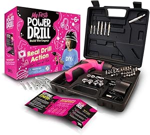 DIY jr. My First Power Drill - 60-Piece Working Tool Set for Girls - Rechargeable Cordless Pink Drill with LED Light - Learning, Building & Construction Kit for Kids - with Carrying Case, Charger