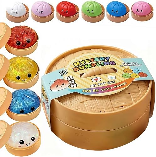 Dumpling Squishies Mystery Box, Glitter Dumplings Squeeze Box, TPR Low Rising Squishies Sensory Fidget Toy for Anxiety, 10 Colors Random Mystery Gift Boxes, Surprise Dumpling Squish y with Steamer