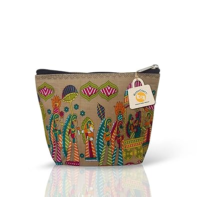 HandCraft Jute Cotton Pouch with Zip for girls/Women Gift Pouch (Small Size) 8 W X 6.5 H X 2 B inch