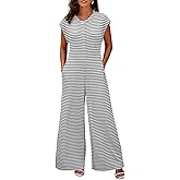 Cicy Bell Womens Casual Striped Jumpsuits Wide Leg Cap Sleeve Summer Jumper Crew Neck Button Down Waffle Knit Outfits