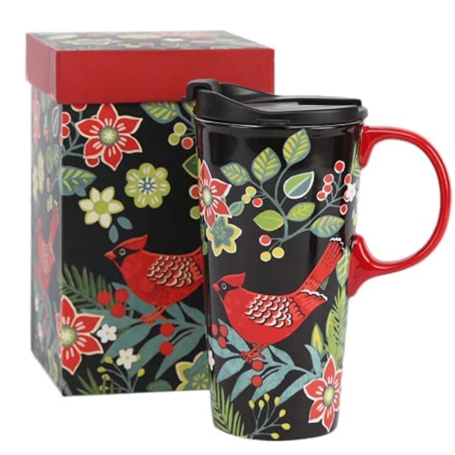 DUSVALLY Ceramic Mug Coffee Mug with Lid and Handle Porcelain Cup with Box 17oz.Red Bird — image 1