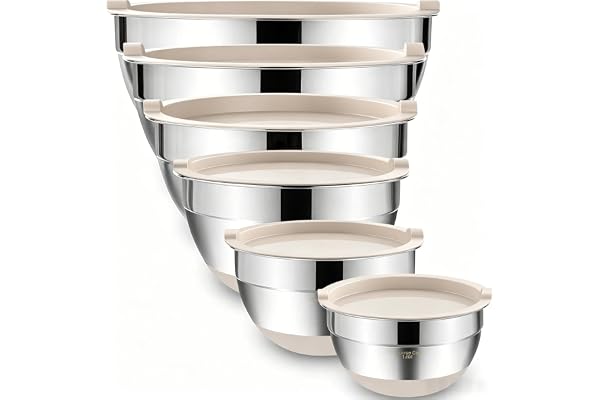 Umite Chef Mixing Bowls with Airtight Lids 6 Piece Stainless Steel Metal Nesting Storage Bowls, Non-Slip Bottoms Size 7, 3.5,