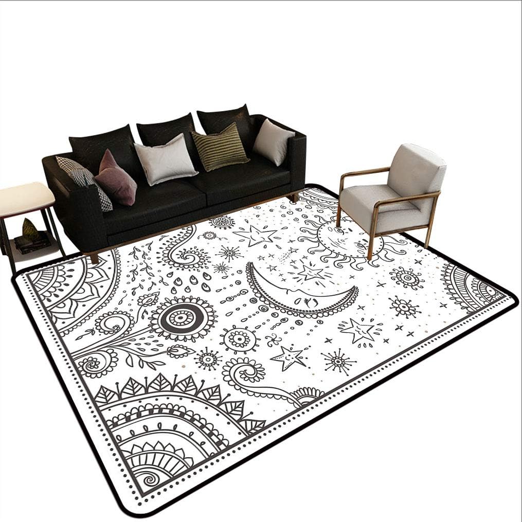 Sun and Moon Area Rugs Floor Mats, Oriental Inspired Design Crescent Moon Floral