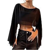 OYOANGLE Women's Mesh Sheer Split Bell Sleeve Crop Top Boat Neck Drop Shoulder Flowy Blouse Tops