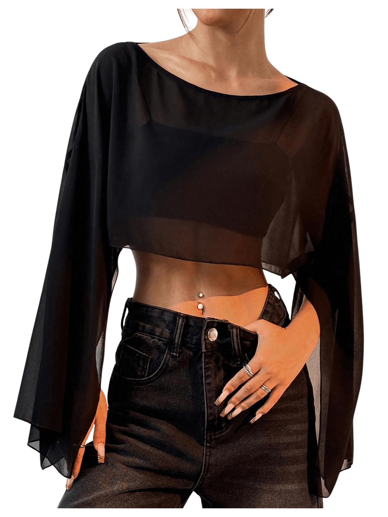 Photo 1 of BEAUDRM Women's Y2K Blouse Sheer Flowy Tops Crop Blouses Dressy Poncho Tops Boat Neck Long Sleeve Loose Chiffon Shirts Black Large
