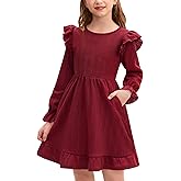 Girls Ruffle Hem Long Sleeve Dress Elastic Cuffs Knit Casual Fall Dresses with Pockets 6-14 Years