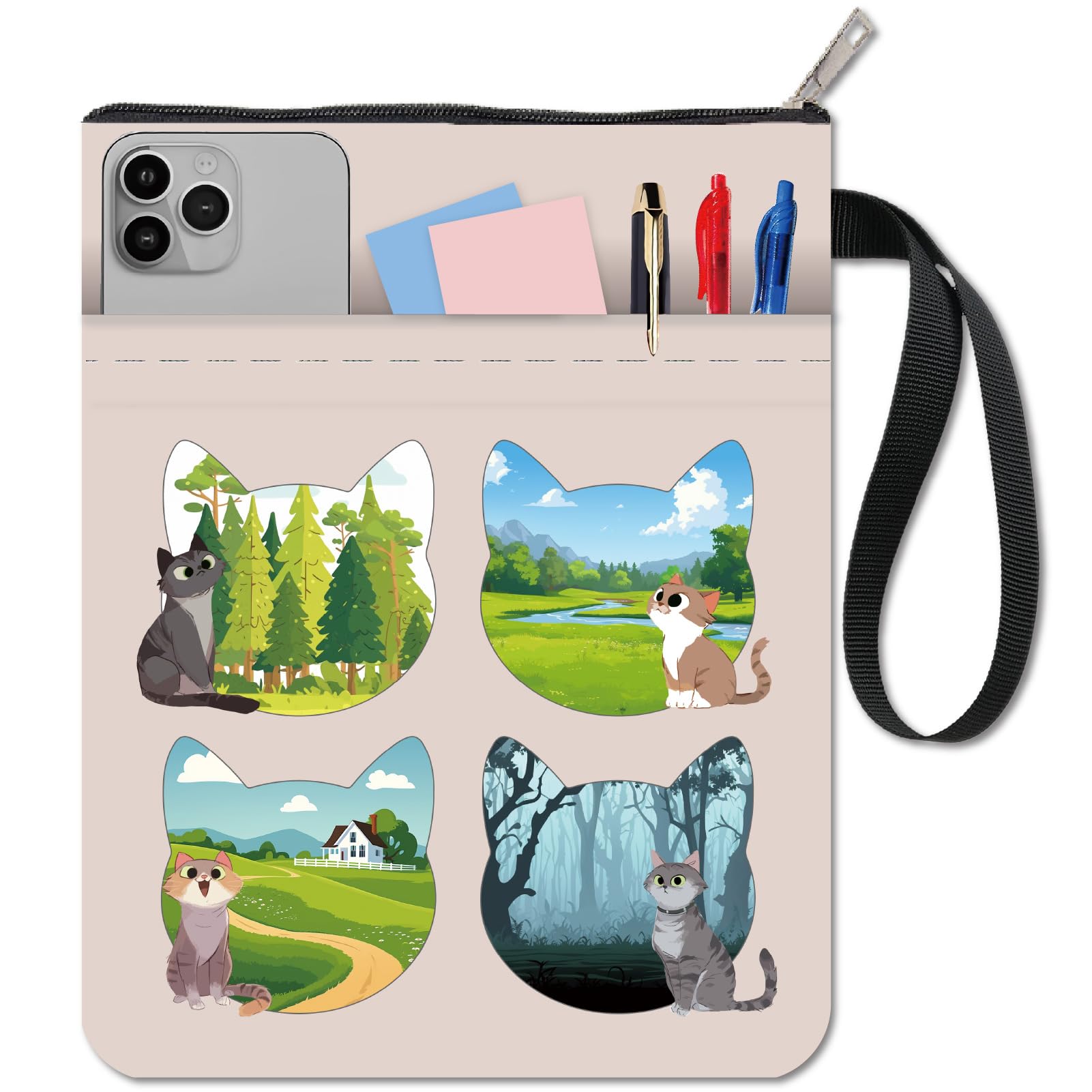 CRASPIRE Cat Book Sleeve Book Cover with Zipper and Extra Sleeve Waterproof Washable Protector Scenery Pouch Bag Case for Paperbacks Book Lovers Fabric Cloth Pocket Women Classmate Friend Gifts