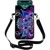 otilil Neoprene Cell Phone Sleeve Pouch Case Bag with Crossbody Strap Neck Lanyard for Women 7.1 X 3.9 in Purple Flower