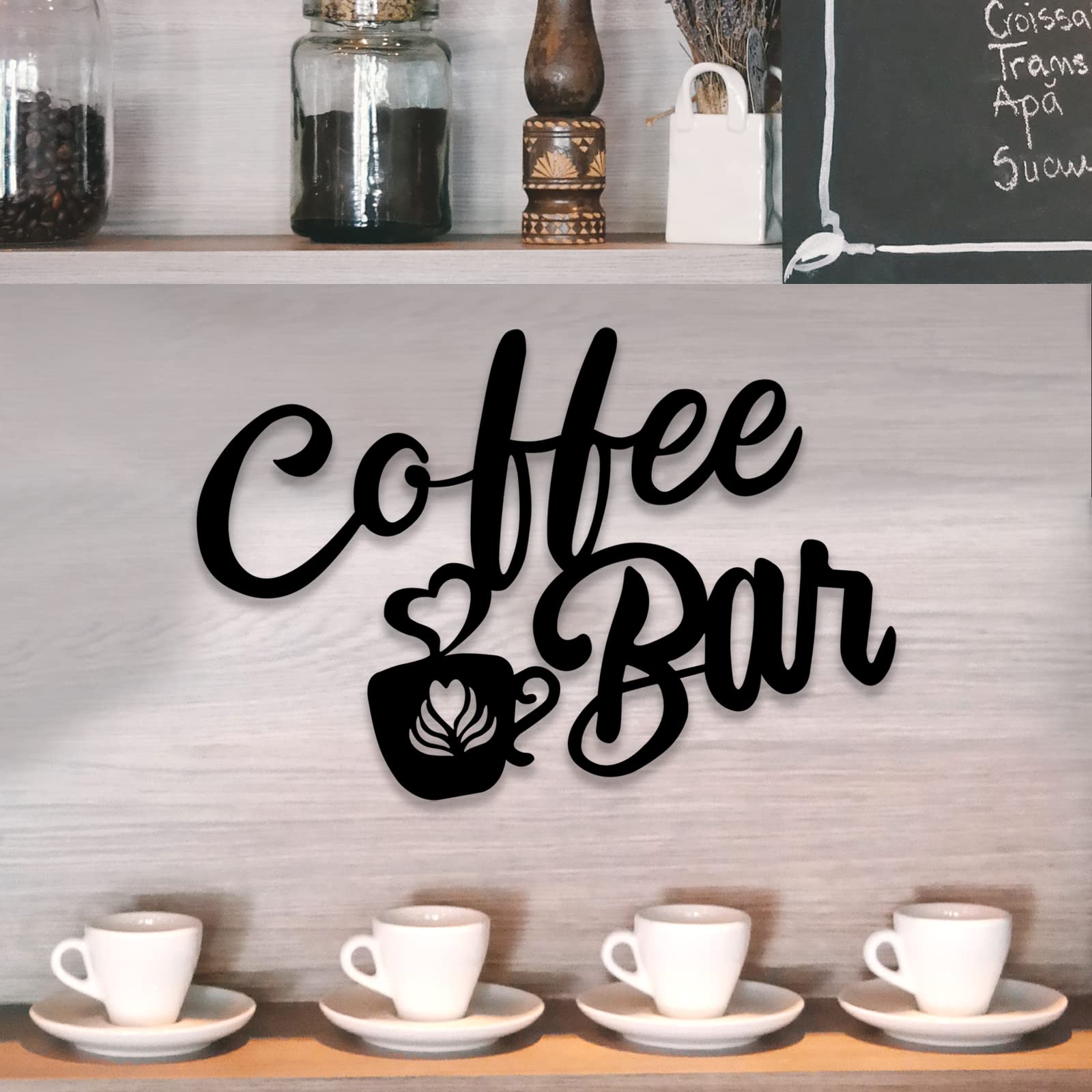 Coffee Sign, Black Metal Coffee Wall Art Decor Hanging Bar Sign with Cup, 37x25cm Kitchen Decoration for Home Station Shop Corner Accessories